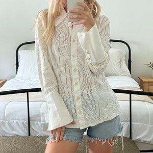 VTG Ecterera Ivory Stretchy Applique Retro Vintage Mesh Top 10 M Medium Cream